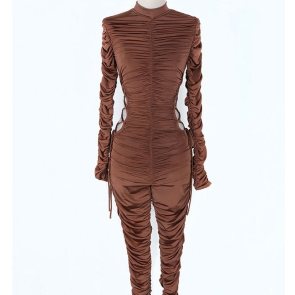 Chocolate Brown Mesh Ruched Jumpsuit
